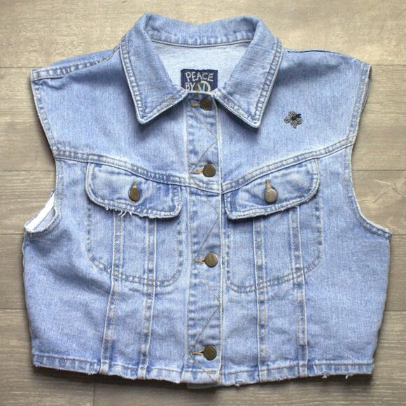 Vintage Peace By Piece Women's Denim Crop Vest Butterfly Medium - Picture 1 of 5